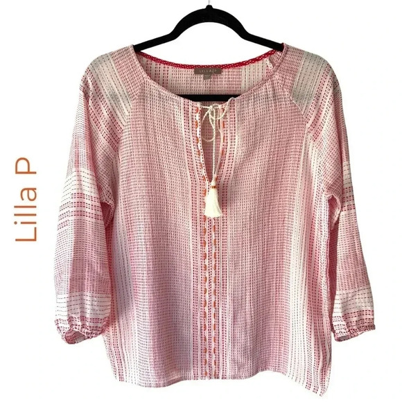 LILLA P | NWOT | EMBROIDERED COTTON TOP TASSELS RAGLAN SLEEVE | SIZE: SMALL - Picture 2 of 8